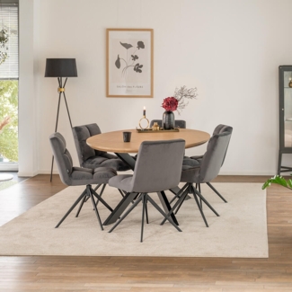 HOME DELUXE Essgruppe Oval inkl. Sternfuß - 200 x 120 cm Fishbone Oak 6 Stühle Hellgrau