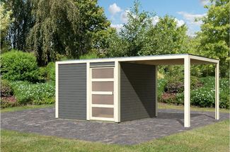 Gartenhaus Qubic 2 - 276x276 cm plus Anbaudach 2,40m, 19 mm Holz terragrau, Karibu