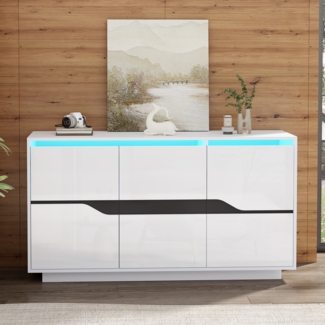 Merax 140cm Sideboards Mit 3 Türen, vielseitig einsetzbar Kommode mit verstellbaren Trennwänden, breite grifflose Schließfächer, Hochglanz Sofa Beistellschrank mit LED, Weiß+Schwarz