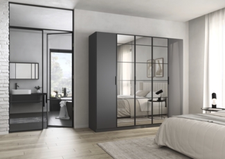 rauch Acero, Kleiderschrank, Garderobenschrank in moderner Loft-Optik, 5-türig, 3 Glastüren, mit 3 Kleiderstangen und 3 Einlegeböden, Farbe Grau metallic, BxHxT 226x210x54cm