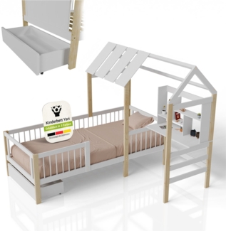 Juskys Kinderbett Yari 90x200 cm - Integrierter Schreibtisch, Praktische Schublade, Massiver Kieferrahmen, Pflegeleicht, 150 kg belastbar - weiß/natur