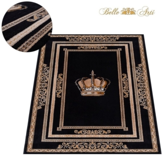 Belle Arti Teppich Teppich Wohnzimmer Wohnzimmerteppich schwarz gold Motiv Royal Krone, orientalisch, Kurzflor, Flauschig, Rutschfest, Mäander Muster