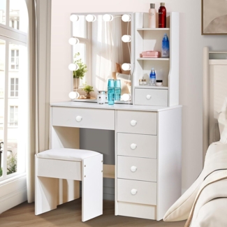 Schminktisch mit Hollywood-LED, Spiegel, Hocker, 6 Schubladen