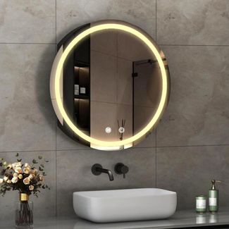 WDWRITTI Badezimmerspiegelschrank Rund 60 mit Beleuchtung Spiegelschrank Badezimmer 3Lichtmodi Dimmbar (Badschrank mit Spiegel Hängeschrank Schwarz, Anti-fog, Speicherfunktion) 4mm HD Spiegel, Stahlblechregale, mit Netzadapter, IP44