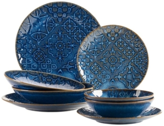 Modernes Vintage Geschirr Set fr 2 Personen in maurischem Design, 8-teiliges Tafelservice mit Tellern und Schalen aus hochwertiger Keramik; Blau