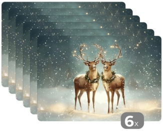 MuchoWow Platzset Weihnachtszauber - Winterwald - Rentier, (6-St), Platzsets, Tischset, Abwaschbar, Tischsets, Platzdeckchen