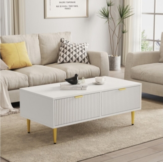 HAUSS SPOLE Couchtisch mit Golddekoration, 2 Schubladen, vertikales Streifendesign, Weiß