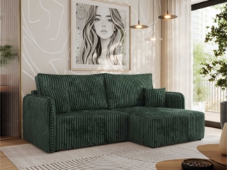 L-förmiges Ecksofa mit Armlehnen, für das Wohnzimmer, Schlaffunktion und Bettkästen, Wellenfeder am Sitz, losen Kissen - MESTO - Grün Cord - rechte Seite
