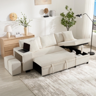 Merax Klappsofa mit Schlaffunktion, L-förmiges umbaubares Ecksofa mit USB-Ladeanschluss und Kissen, 3-Sitzer-Umbausofa mit Seitenablagen und Stauraum, Beige