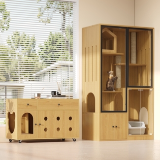 Katzen Villa & Klo Schrank Set, Glas Haus & Toilettenversteck, Ahornfarbe
