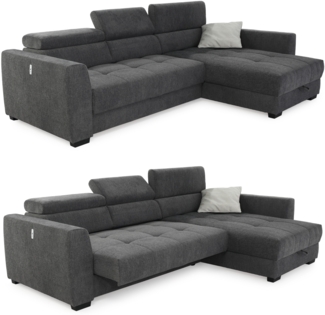 ECKSOFA mit elektrischer Sitztiefenverstellung, Kopflehnen verstellbar, USB-Ladefunktion, Bettkasten B300/T196/H103 cm, Chenille Dunkelgrau