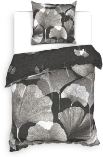 Heckett & Lane BCI Twill Bettwäsche 135x200 Debra grey Blätter Gingko schwarz