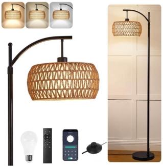 LMaxhome Stehlampe LED Bogenlampen Rattan Lampenschirm Dimmbar Stehleuchte für Wohnzimmer, Höhenverstellbarer und um 360° drehbarer Lampenarm, LED fest integriert, Warmweiß, Naturweiß, Kaltweiß (3000-6500K), E26 Fassung max 12W, Fernbedienung App-Steue...