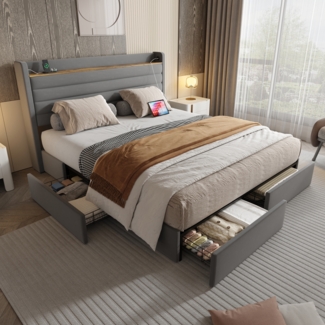 LVHOM Polsterbett 160x200cm Bettgestell, Doppelbett/Stauraumbett/Funktionsbett, 4 praktischen Stauraumschubladen,USB-Anschlüssen, Kopfteil mit Einlegeboden(Samt, dick gepolstert)