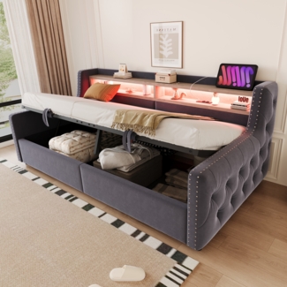 Polsterbett Schlafsofa, hydraulischer Stauraum, weiche Rückenlehne und Armlehnen, LED-Beleuchtung, Ablagefach, Steckdose, Lattenrost, Stoff, Dunkelgrau, 90×200 cm
