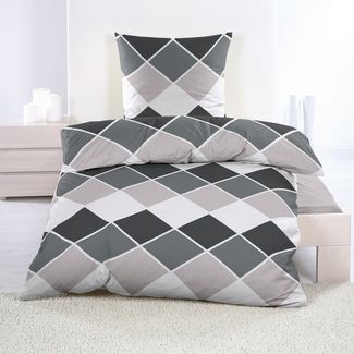 Casa Colori Bettwäsche Biber 135x200cm Anthrazit Grau Rauten, Biber, 2 teilig, 100% Baumwolle