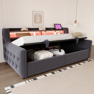 REDOM Schlafsofa mit LED-Beleuchtung, hydraulischem Stauraum, Ablagefach, mit Steckdose, Ladeanschluss und dicker Rückenlehne, Funktionsbett Polsterbett 90x200 cm, ohne Matratze