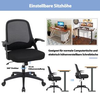 COSTWAY Bürostuhl höhenverstellbar, Schreibtischstuhl mit klappbaren Armlehnen, mittlerer Rückenlehne, Wippfunktion & Lordosenstütze, Drehstuhl bis 150 kg belastbar, Schwarz