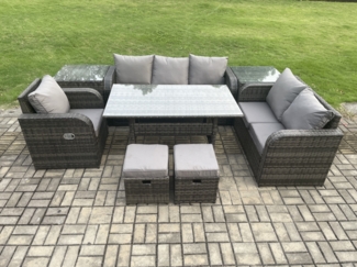 Fimous 8 Sitzer Garten Rattanmöbel Esstisch Sofa Set mit Liegestuhln 2 Beistelltischen 2 kleine Fußhockern Dunkelgrau gemischt