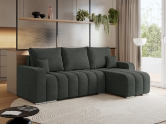 Universelles Ecksofa in Streifen genäht mit Schlaffunktion und Bettkasten, modern Stil - KIRASSO - Dunkelgrau Stoff