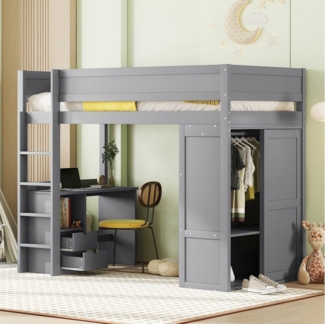 TavilaEcon Hochbett aus massivem Kiefernholz und MDF, mit Kleiderschrank mit Schreibtisch, 90×200cm, grau