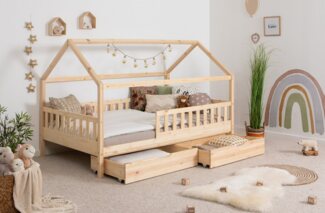 Ticaa Hausbett Kay mit Rausfallschutz und Schubkasten aus Kiefer, Kinderbett 140x200, inkl. Dach, mit Rollrost