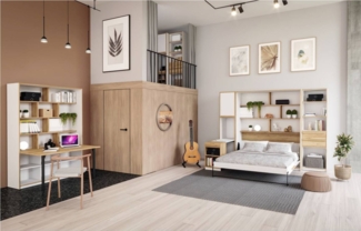 Jugendzimmer S-ROOM 3 mit Schrankbett, Optik: Weiß und Catania Eiche