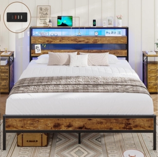 MSMASK Metallbett Bettgestell mit Steckdose und USB-Ladefunktion (Ohne Matratze), Jugendbett, 140x200 cm