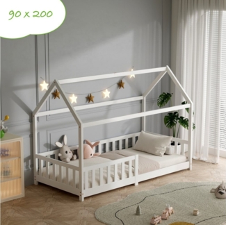 ecoMI Kinderbett Hausbett, Rausfallschutz, Lattenrost, 90x200 & 80x160, Weiß & Natur, Hausbett, Rausfallschutz, Lattenrost, 90x200 & 80x160, Weiß & Natur