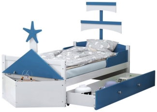 OKWISH Kinderbett Holz-Einzelbett in Segelbootform, Funktionsbett (inklusive 2 Schubladen und Stauraum am Fußende – Holz, 90 x 200 cm), ohne Matratze