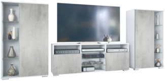 Vladon Wohnwand Davos, (Anbauwand, bestehend aus 2 Vitrinen und 1 TV-Board), Weiß matt/Beton Oxid Optik (329 x 134 x 35 cm)