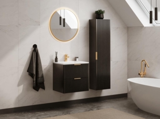 Vente-unique - Waschbeckenunterschrank mit Einbauwaschbecken & Badhochschrank - Streifenoptik - Schwarz - 60 cm - ZEVARA