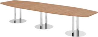 bümö Konferenztisch oval 400x130 cm großer Besprechungstisch in Nussbaum, Besprechungstisch mit Chromsäulen, Meetingtisch für 14 Personen, XXL-Tisch für Besprechungsraum & Meeting, KT40S-N-C