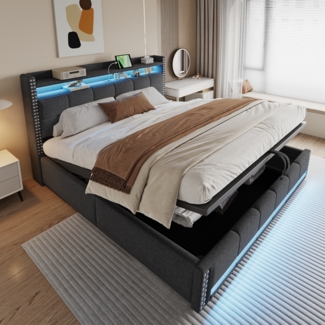 Merax Polsterbett Doppelbett 180*200cm mit LED-Beleuchtung und USB-Steckdose, Mit Hydraulik für die Lagerung, Leinen Grau