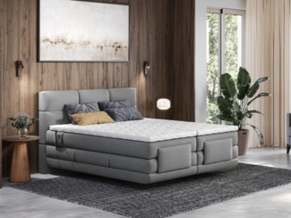 Vente-unique - Boxspringbett mit gestepptem Kopfteil + elektrischem Untergestell mit Relaxfunktion + Matratze + Topper - 2 x 90 x 200 cm - Stoff - Hellgrau - LODI von PALACIO