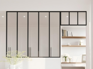 Vente-unique - Atelier-Glaswand mit Oberlicht - thermolackiertes Aluminium - 150x130 + 73x40 cm - Schwarz - BAYVIEW