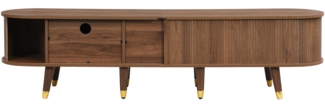 TV-Schrank 175 cm mit Rattan-Schiebetr, Walnussoptik & viel Stauraum C Landhausstil Fernsehtisch aus MDF mit offenen F?chern, Schubladen & Schrank C natrliches Design