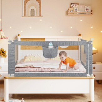 HUOLE Rausfallschutz Bett, Bettgitter Rausfallschutz, Kinderbettgitter Höhenverstellbar, Bettschutzgitter für Kleinkinder, Babybettgitter mit Luftiges Netz-1,5 m – grau