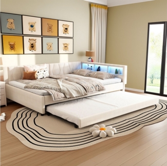 REDOM Schlafsofa Modernes Polsterbett mit LED-Beleuchtung, USB-Ladeanschluss und ausziehbarem Rollbett, Kompaktes Schlafsofa mit Stauraum, Inklusive Matratze(Hauptbett mit einer Matratze von 10 cm Höhe)