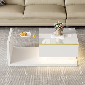 Couchtisch, Spanplatte mit Glasplatte & LED-Beleuchtung, 90x50x32,5 cm, Weiß, Hochglanz