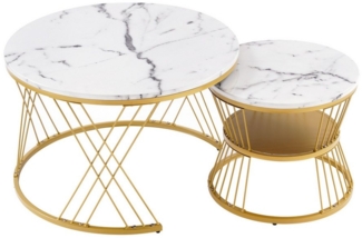 HAUSS SPOLE Couchtisch 2er Set Hochglanz Runde Endtische mit Goldene Farbe Frame, Weiß