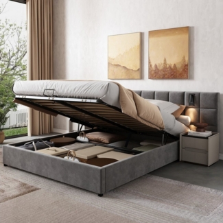 OKWISH Polsterbett Doppelbett Jugendbett Bett Stauraumbett gepolsteres Bettgestell (Stahlrahmen mit Hydraulisch anhebbarer Bettstauraum Holz-Lattenrost, 1-tlg, Samt Bezug USB-Anschluss LED-Beleuchtung 180x200 cm Ohne Matratze), weich breit Kopfteil Pol...