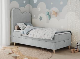 Kinderbett FLOW, Boxspringbett für Kinder, mit hohem Kopfteil, Einzelbett mit Matratze - 90x160 - Hellgrau Stoff - Topper T25