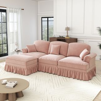 Flieks 3-Sitzer Ecksofa, Modular L-Sofa mit 3 Kissen & 1 Ottoman, abnehmbarer Volant, Flared-Armlehnen & Holzbeinen, Chenille, Rosa