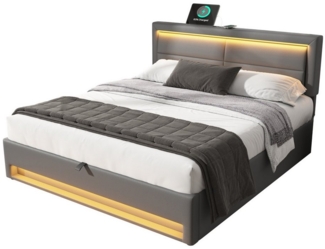 Flieks Polsterbett, LED Doppelbett 160x200cm mit USB-Anschluss und hydraulischem Stauraum