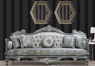 Casa Padrino Luxus Barock Sofa Silber / Türkis / Gold 248x96 x H. 118 cm - Prunkvolles Massivholz Wohnzimmer Sofa mit elegantem Muster und dekorativen Kissen