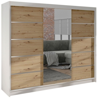 'Dotan VI' Schiebetürenschrank mit Spiegel, Holz weiß/Artisan Eiche, 200 x 215 x 58 cm