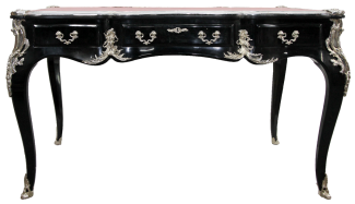 Casa Padrino Luxus Barock Schreibtisch mit 3 Schubladen und massiven Metallapplikation Schwarz / Silber / Bordeaux 141 x 65 x H. 80 cm - Barock Büromöbel Sekretär