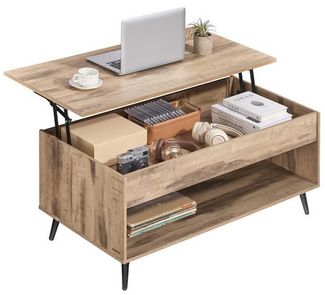 VASAGLE Wohnzimmertisch, höhenverstellbarer Couchtisch, verstecktes Fach, für Homeoffice, offenes Fach, kamelbraun-schwarz