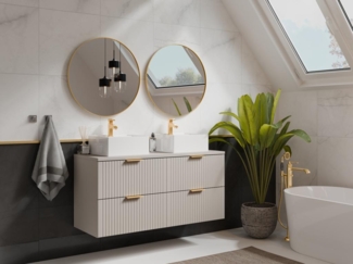 Vente-unique - Waschbeckenunterschrank hängend mit Aufsatzplatte - Streifenoptik - Beige - 120 cm - ZEVARA